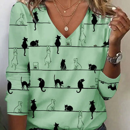 Fall Winter Fashion Printing Long-sleeve T-shirt Sexy Temperament Collar Top Slim Women's Clothing Animal And Plant Printing