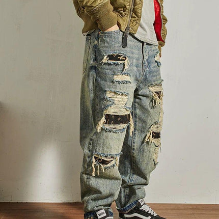 Jeans Men's Loose Straight Tapered Distressed Broken Holes Pants