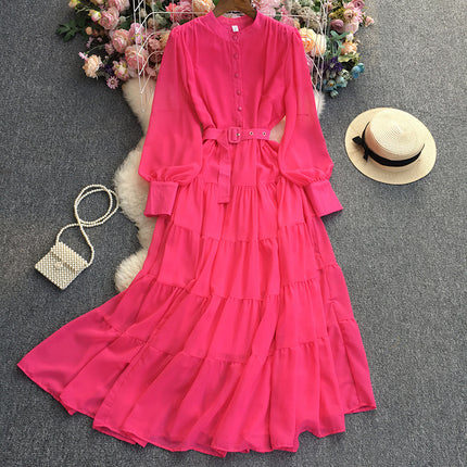Solid Color Chiffon Long Sleeve Dress