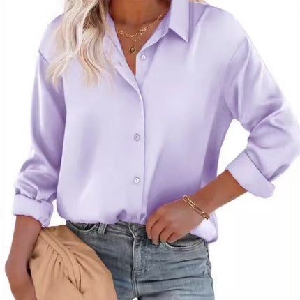 Women's Satin Top Long Sleeve Button Shirt Autumn
