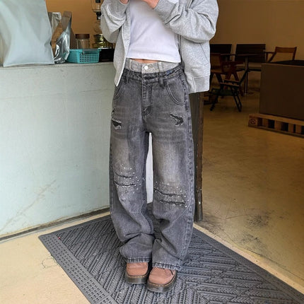 American Stitching Double Waist High Street Make Old Ripped Dirty Jeans All-match