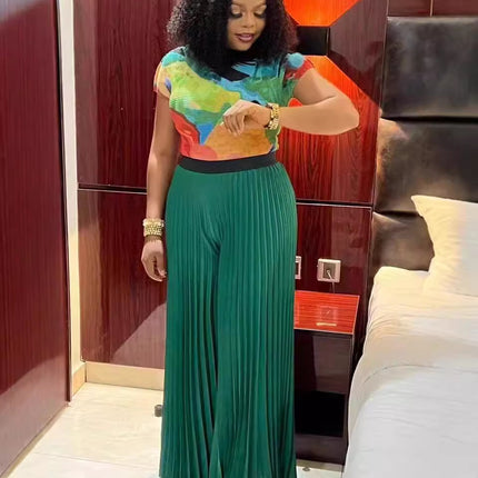 Fashion Plus Size Women Suit Pleated Print Short-sleeved Wide-leg Pants