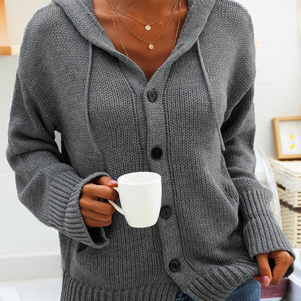 Hooded Knitted Long-sleeved Breasted Cardigan Drawstring Sweater