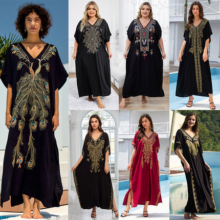 Outerwear Cover-up Rayon Embroidery Plus Size Long Dress Women