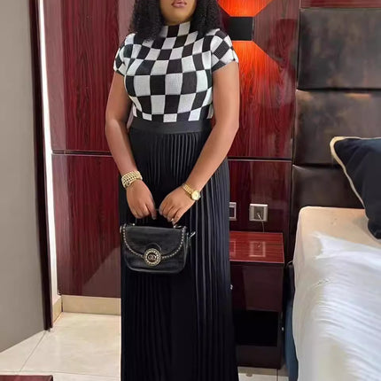 Fashion Plus Size Women Suit Pleated Print Short-sleeved Wide-leg Pants