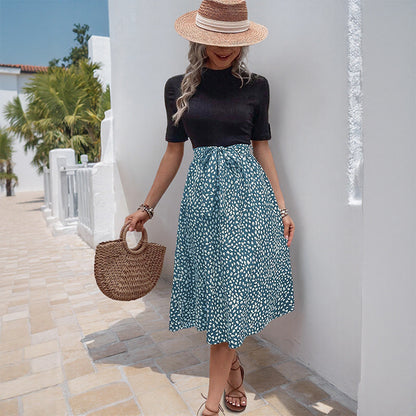All-match And Sweet Half Turtleneck Leopard Print Color-matching Dress