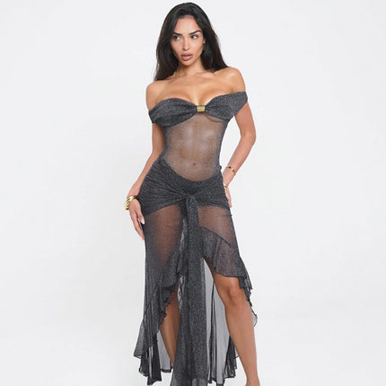 Sexy Fashion Slim Fit Tube Top Backless Silver Silk See-through Dress Women