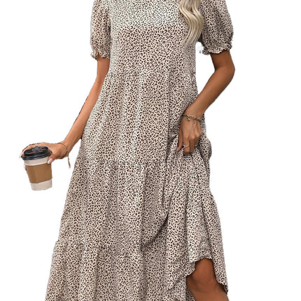 Casual Bohemian Dress Leopard Print Floral Print Pleated Puff Sleeve Jumpsuit