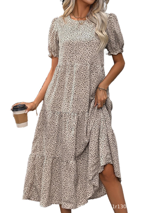 Casual Bohemian Dress Leopard Print Floral Print Pleated Puff Sleeve Jumpsuit
