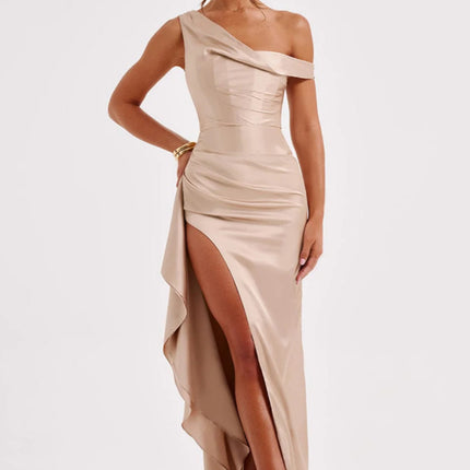 Women's Slant Shoulder Satin Waist Dress