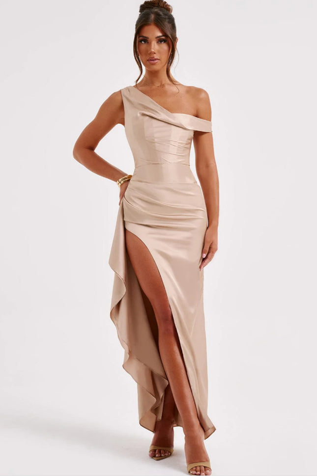 Women's Slant Shoulder Satin Waist Dress
