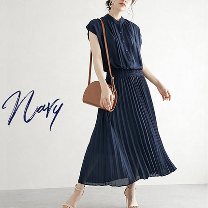 New Elegant Japanese Style Dress Comfortable Waist Trimming Short-sleeved Chiffon Dress Women