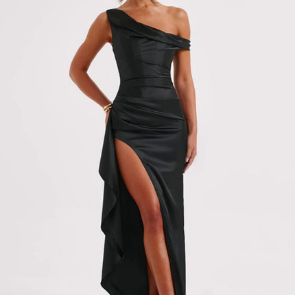 Women's Slant Shoulder Satin Waist Dress