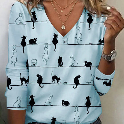 Fall Winter Fashion Printing Long-sleeve T-shirt Sexy Temperament Collar Top Slim Women's Clothing Animal And Plant Printing