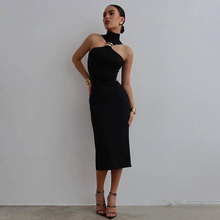 Summer New Women's Sexy Hot Girl Turtleneck Solid Color Dress