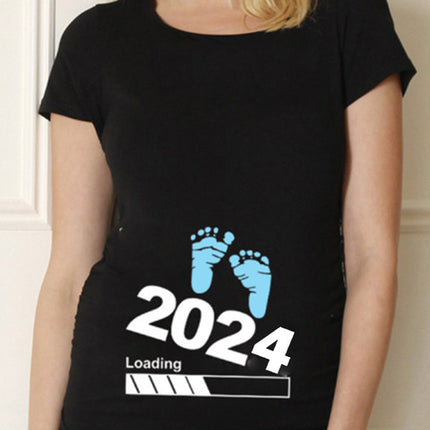 Black Pregnancy Shirt Maternity Cute Baby Print O-Neck Short