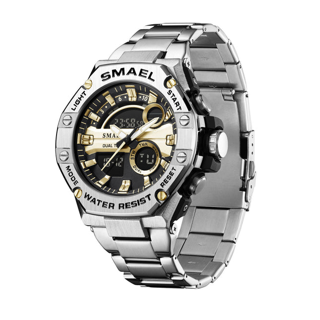 Men's Multi-functional Waterproof Double Display Alloy Steel Belt Electronic Watch