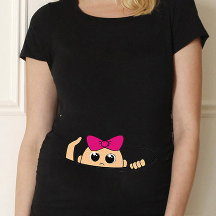 Black Pregnancy Shirt Maternity Cute Baby Print O-Neck Short