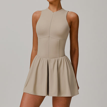Women's Solid Color False Two-piece Stand Collar A- Line Dress