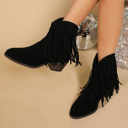 Women's Retro Pointed-toe Frosted Tassel Chunky Heel Martin Boots