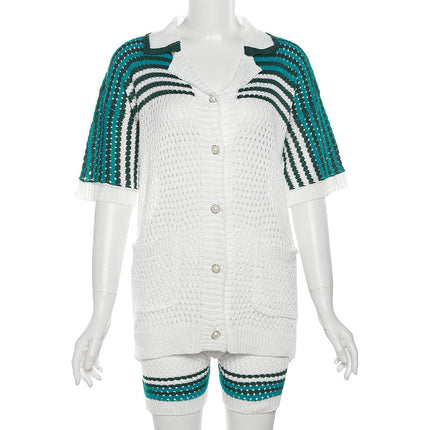 Summer Fashion Hollowed-out Polo Collar Top High Waist Shorts Knit Casual Suit