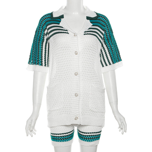 Summer Fashion Hollowed-out Polo Collar Top High Waist Shorts Knit Casual Suit