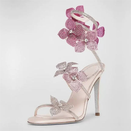 Snakelike Winding Lace Flowers Around Ankle Ring Stiletto Heels