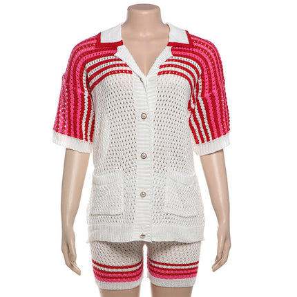 Summer Fashion Hollowed-out Polo Collar Top High Waist Shorts Knit Casual Suit