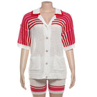 Summer Fashion Hollowed-out Polo Collar Top High Waist Shorts Knit Casual Suit