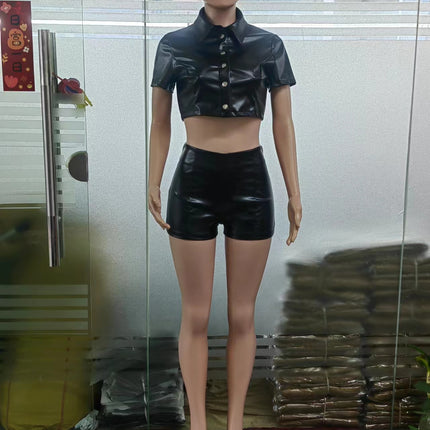 Leather Coat New Breasted Waist-tied Short-sleeved Shirt Shorts Set