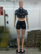 Leather Coat New Breasted Waist-tied Short-sleeved Shirt Shorts Set