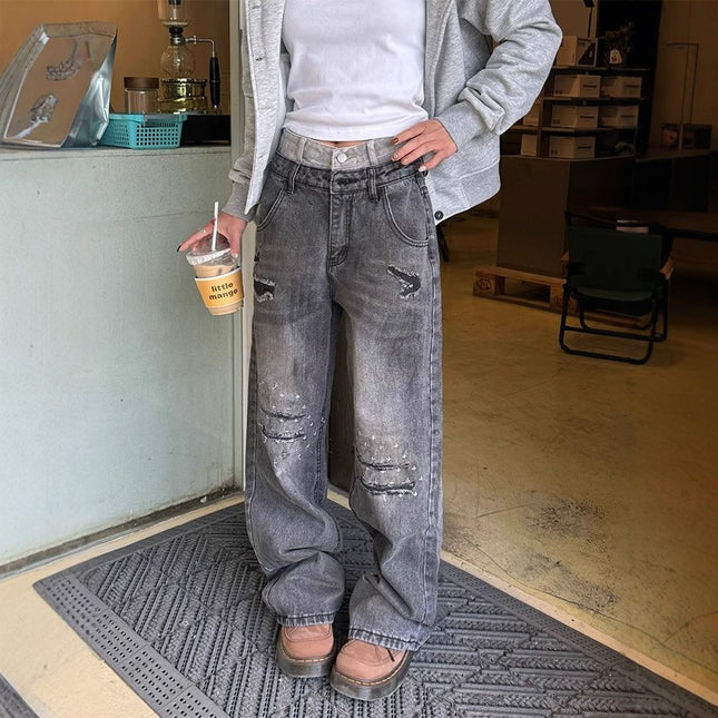 American Stitching Double Waist High Street Make Old Ripped Dirty Jeans All-match