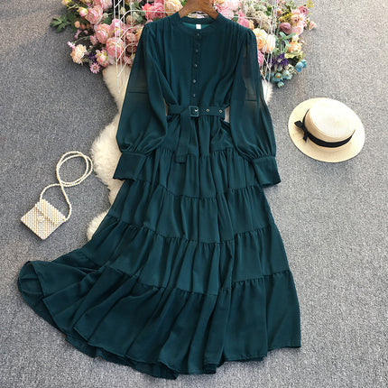 Solid Color Chiffon Long Sleeve Dress