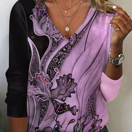 Fall Winter Fashion Printing Long-sleeve T-shirt Sexy Temperament Collar Top Slim Women's Clothing Animal And Plant Printing