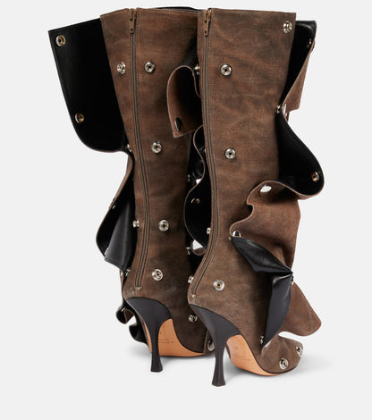 Denim Stitching Casual Two-way Pile Style Knee-length Boots