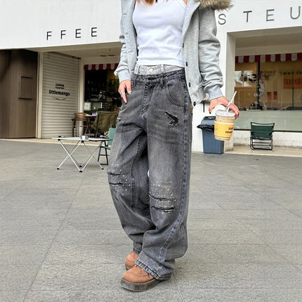 American Stitching Double Waist High Street Make Old Ripped Dirty Jeans All-match