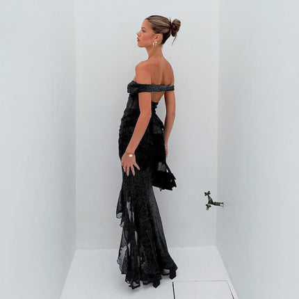 Sexy Fashion Slim Fit Tube Top Backless Silver Silk See-through Dress Women