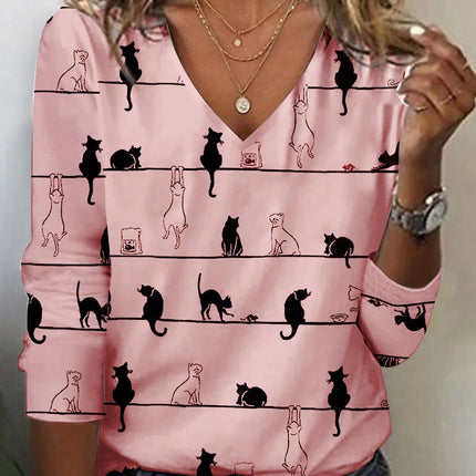 Fall Winter Fashion Printing Long-sleeve T-shirt Sexy Temperament Collar Top Slim Women's Clothing Animal And Plant Printing