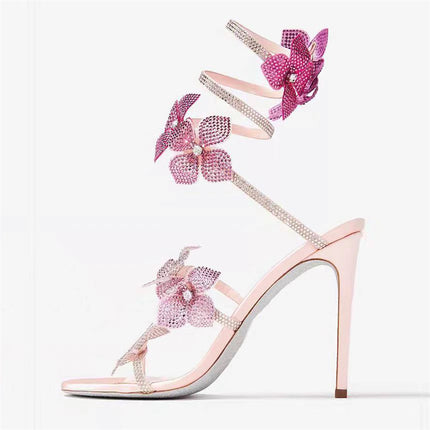 Snakelike Winding Lace Flowers Around Ankle Ring Stiletto Heels