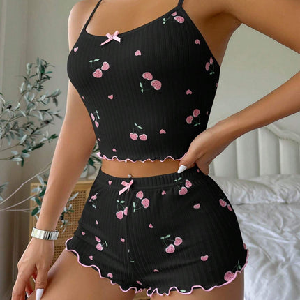 Summer Suspender Elastic Shorts Pajamas Women's Suit