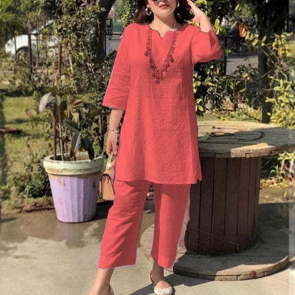 Fashion Pullover Solid Color Temperament Commute Ethnic Style Long Sleeve Clothes Two-piece Suit