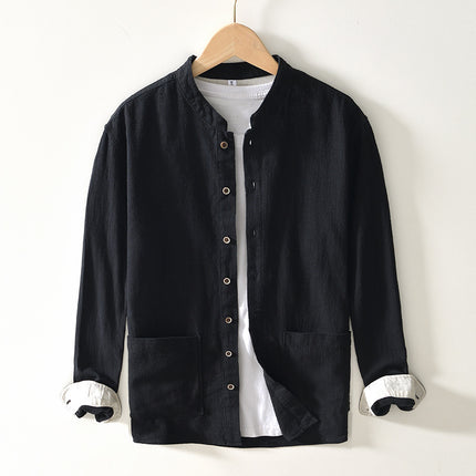 Chinese-style Stand Collar Ramie Long-sleeved Shirt Breathable Linen Casual Chinese-style Shirt For Men