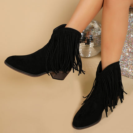 Women's Retro Pointed-toe Frosted Tassel Chunky Heel Martin Boots