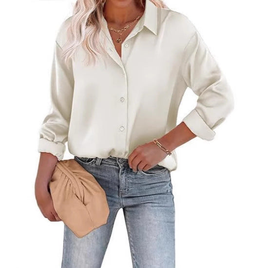 Women's Satin Top Long Sleeve Button Shirt Autumn