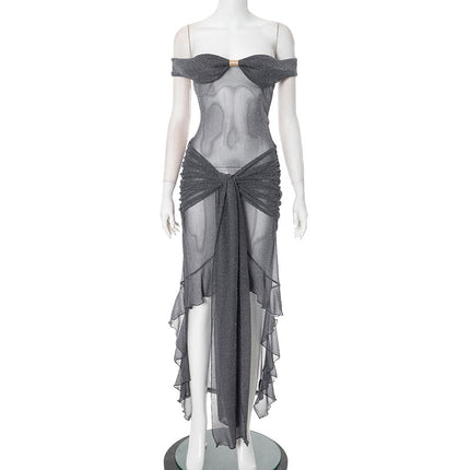 Sexy Fashion Slim Fit Tube Top Backless Silver Silk See-through Dress Women