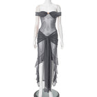 Sexy Fashion Slim Fit Tube Top Backless Silver Silk See-through Dress Women