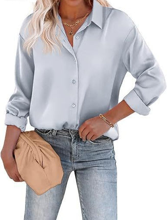 Women's Satin Top Long Sleeve Button Shirt Autumn