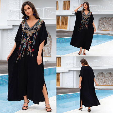 Outerwear Cover-up Rayon Embroidery Plus Size Long Dress Women