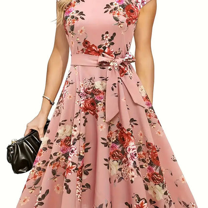 Summer Round Neck Sleeve Waist Belt Slim Print Sleeveless Swing Dress