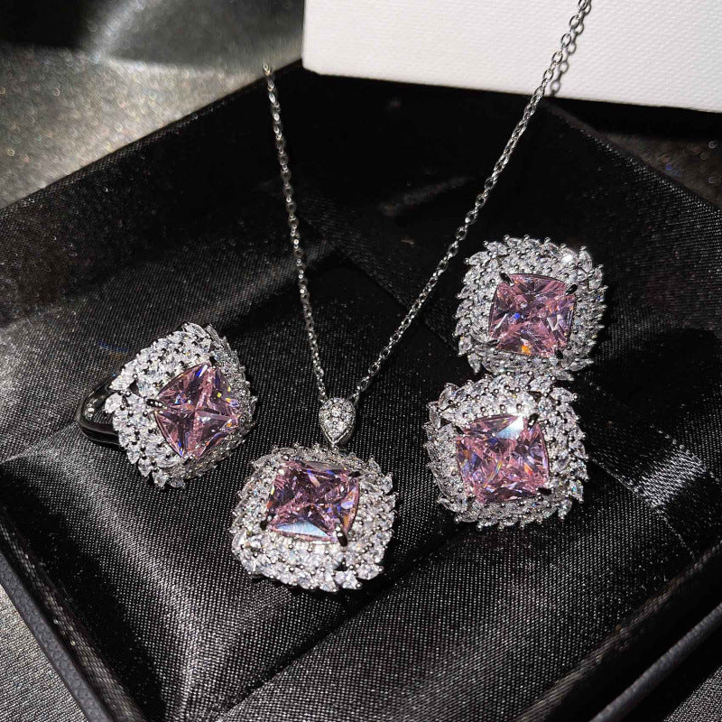 925 Silver Jewelry Colored Gems Suit Ear Stud Pendant Ring For Women